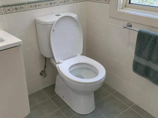 Clean white toilet in a tiled bathroom with towel rail and window in Turramurra